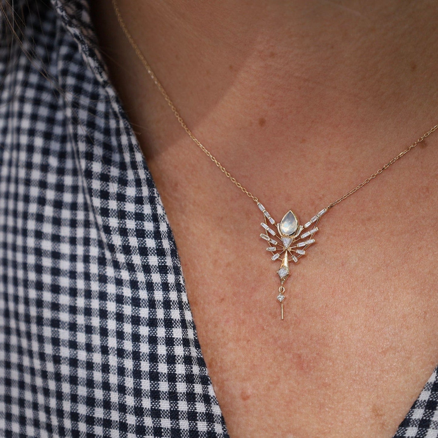 NKL-14K Dream Maker Pear Moonstone and Diamonds Phoenix Necklace