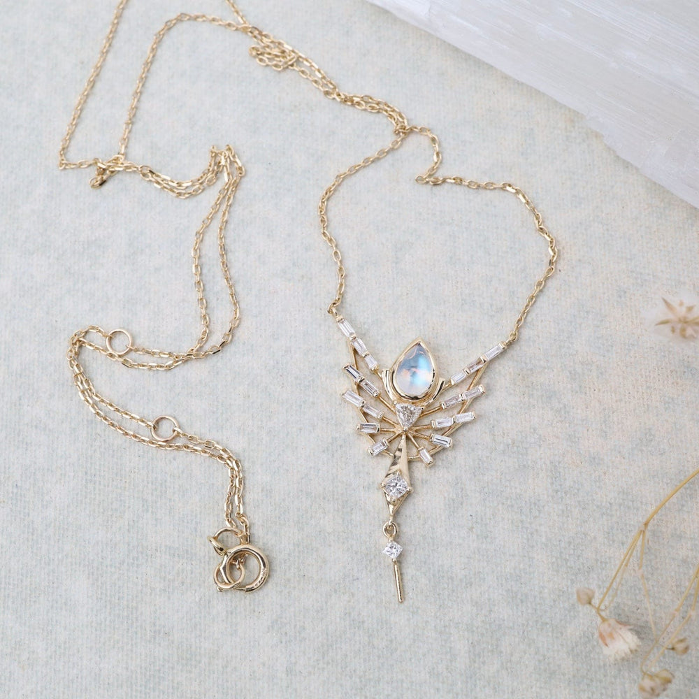 
                  
                    NKL-14K Dream Maker Pear Moonstone and Diamonds Phoenix Necklace
                  
                