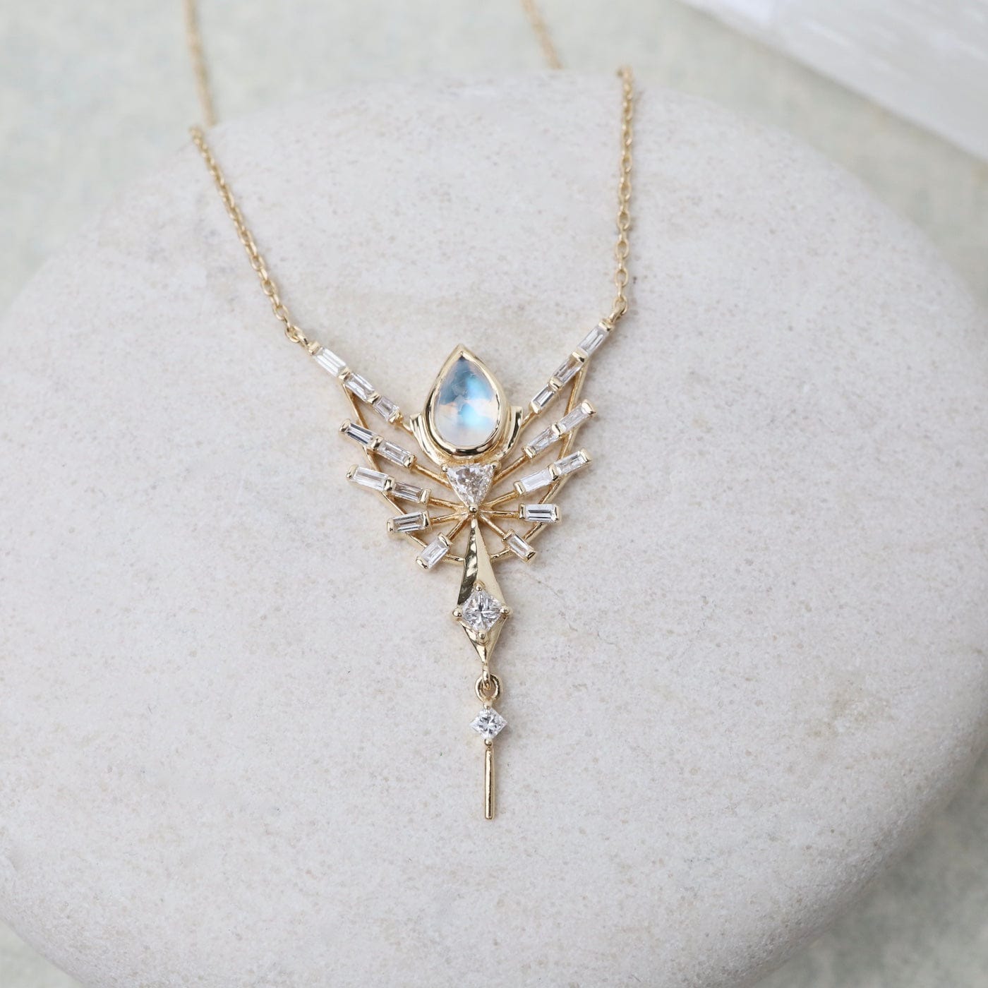 NKL-14K Dream Maker Pear Moonstone and Diamonds Phoenix Necklace