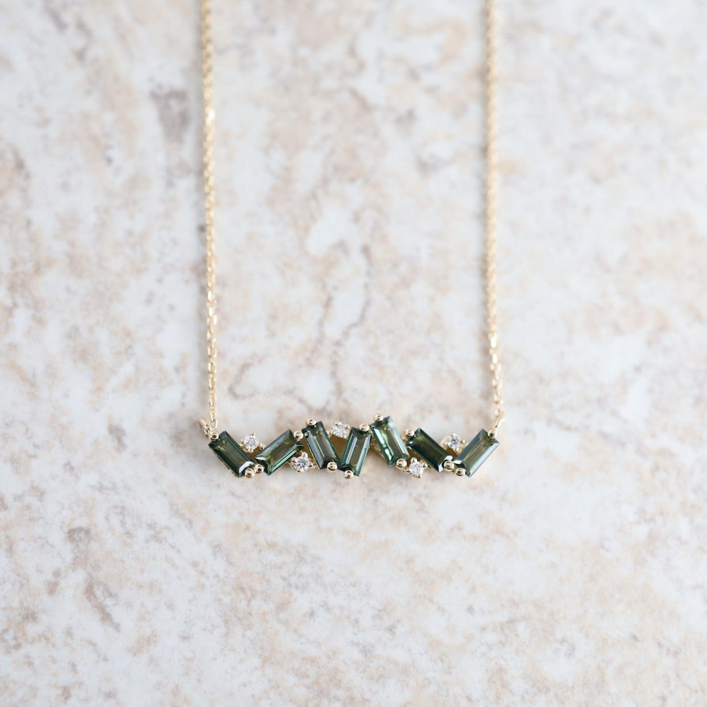 NKL-14K Gold Frenesia Green Envy Topaz Bar Necklace