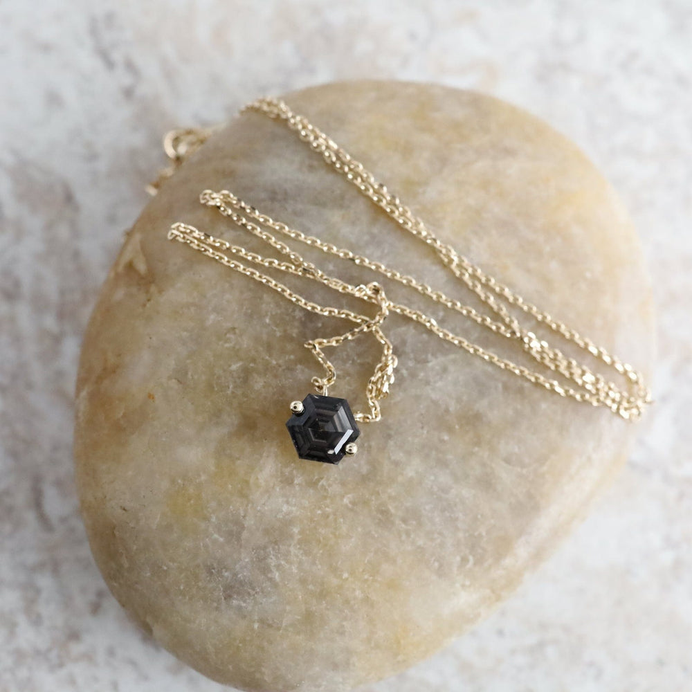 
                  
                    NKL-14K Gold Hexagon Black Night Quartz Necklace
                  
                