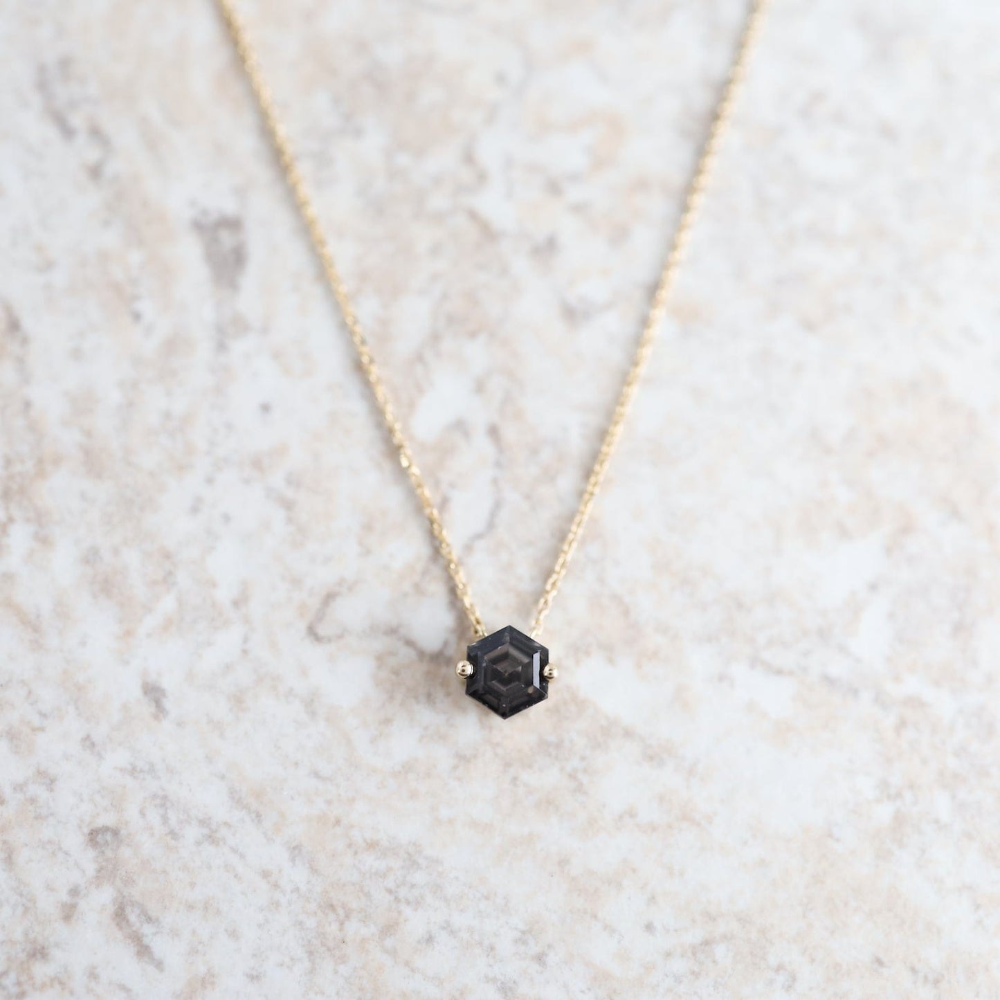 NKL-14K Gold Hexagon Black Night Quartz Necklace