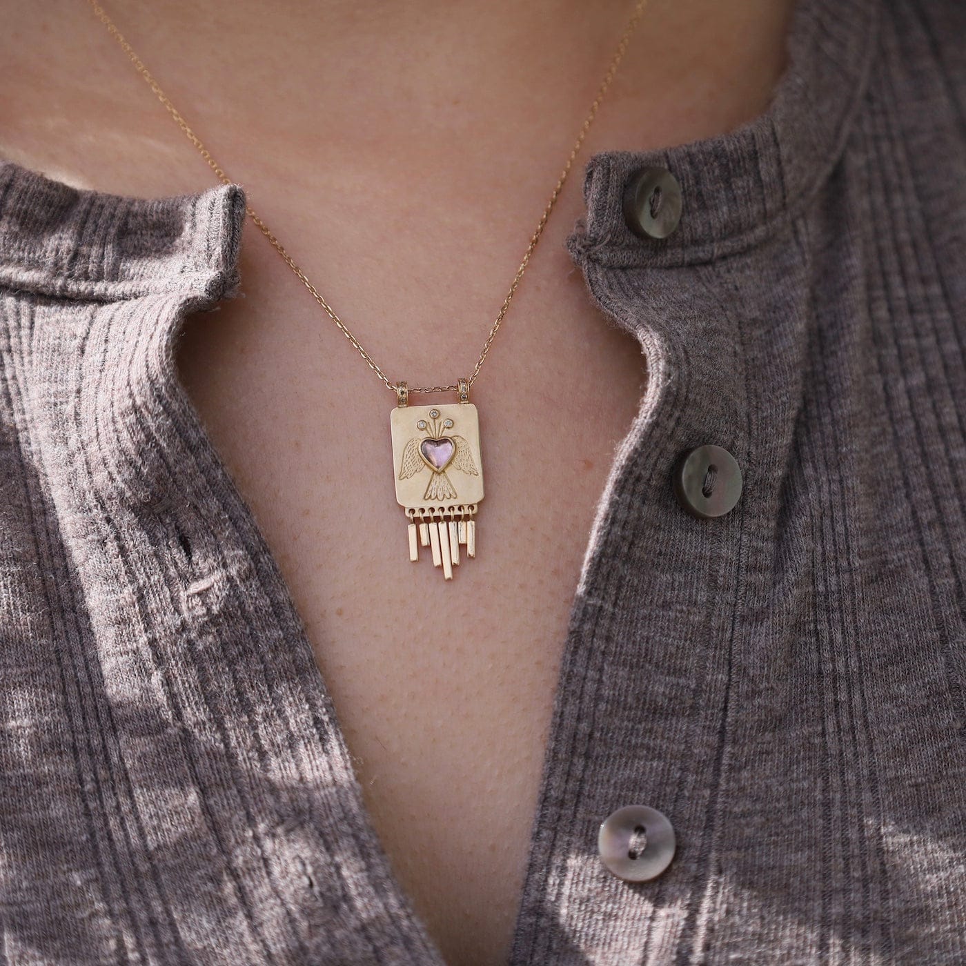 NKL-14K Heart Tourmaline Solid Gold Plate Necklace