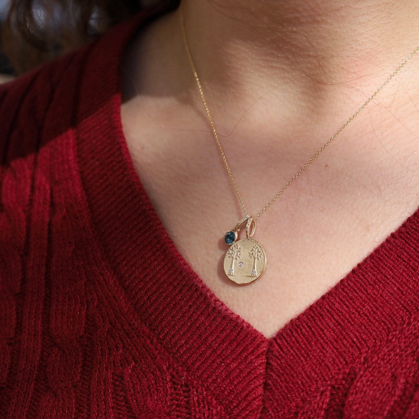 NKL-14K Life Partnership with Montana Sapphire Charm Pendant Necklace