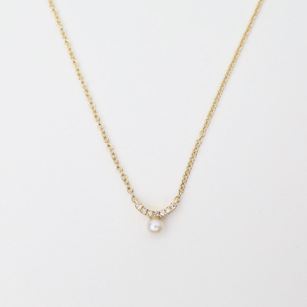 NKL-14K Mini Curve Diamond Bar with Pearl Necklace