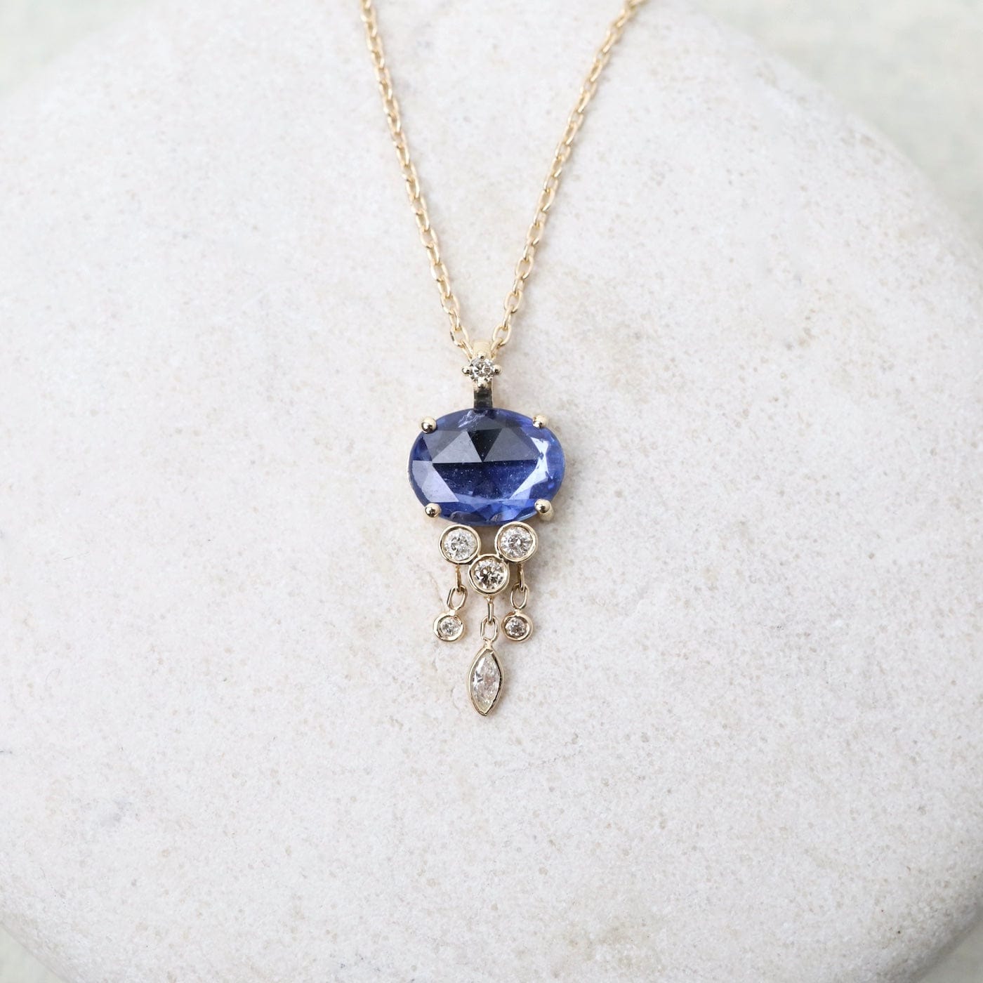 NKL-14K One of a Kind Blue Sapphire & Dangling Diamonds Jellyfish Necklace