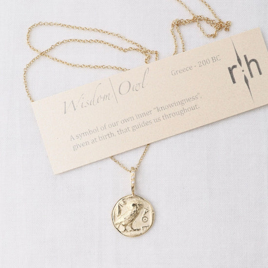 NKL-14K Owl ~ Wisdom Artifact 14k Gold Necklace