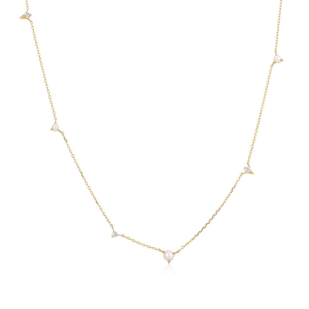 NKL-14K Pearl & White Sapphire Asymmetrical Station Necklace