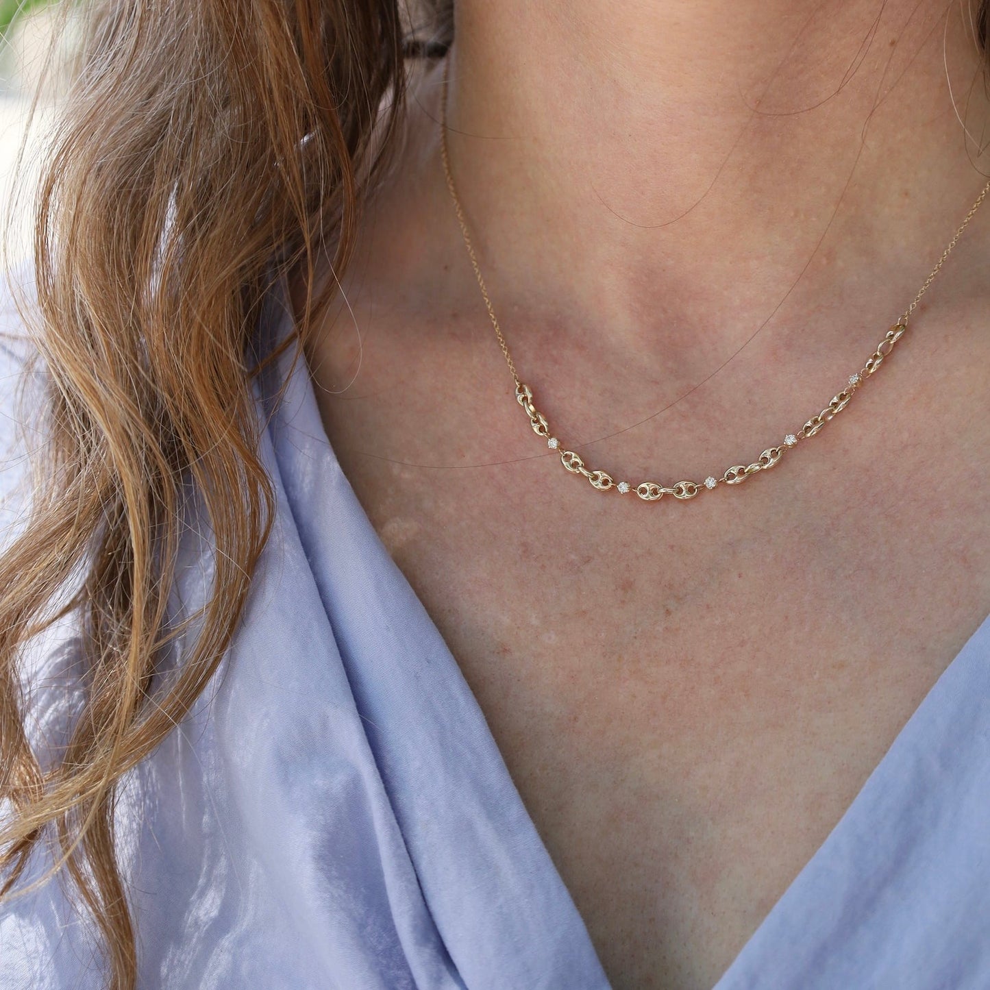 NKL-14K Puffed Mariner Chain & Diamond Station Necklace