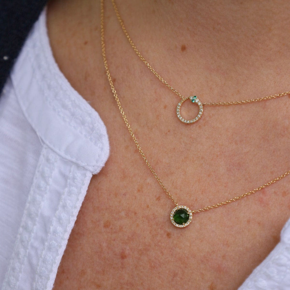 NKL-14K Rose Cut Chrome Diopside Center & Diamond Necklace