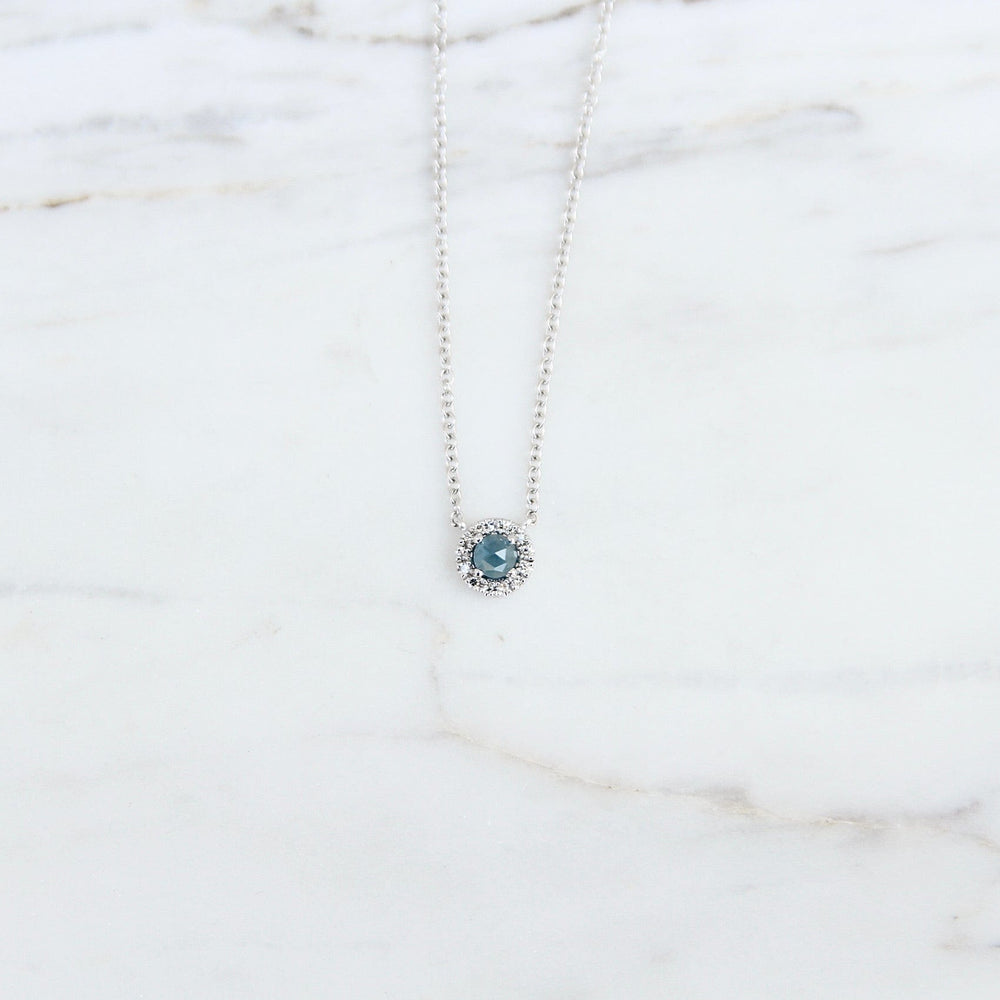 NKL-14K Rose Cut London Blue Topaz with Diamond Halo Necklace