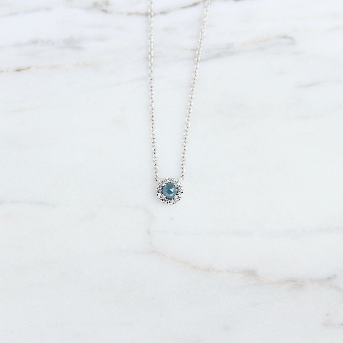 NKL-14K Rose Cut London Blue Topaz with Diamond Halo Necklace