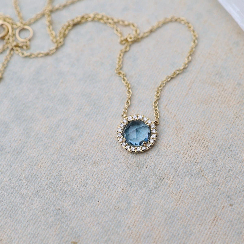 
                      
                        NKL-14K Rose Cut London Blue Topaz with White Diamond Halo Necklace
                      
                    