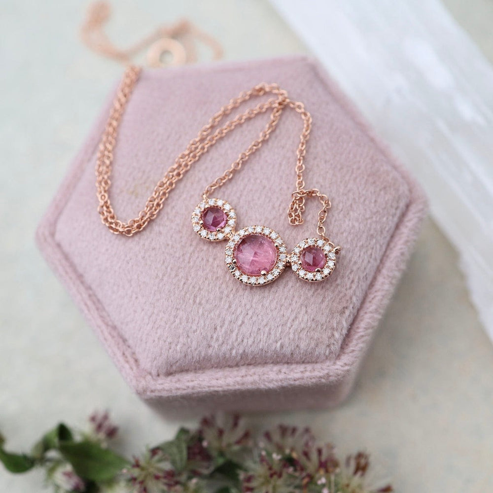 NKL-14K Rose Cut Pink Tourmaline with White Diamond Halo Necklace