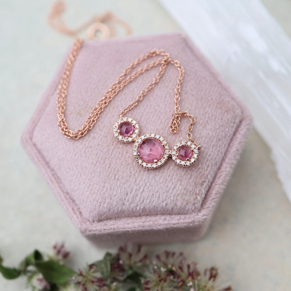 NKL-14K Rose Cut Pink Tourmaline with White Diamond Halo Necklace