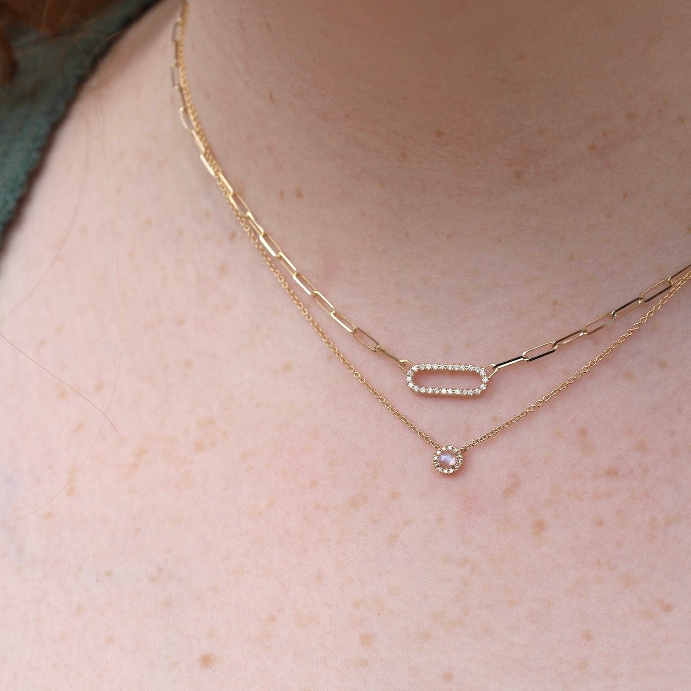 NKL-14K Rose Cut Rainbow Moonstone Diamond Halo Necklace