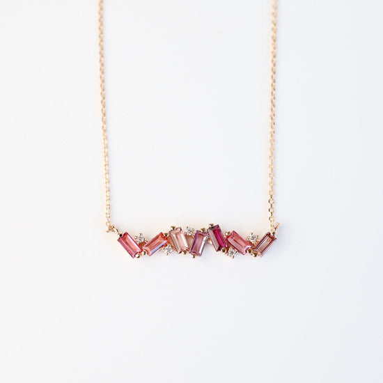 NKL-14K Rose Gold Frenesia Mixed Pink Topaz Bar Necklace