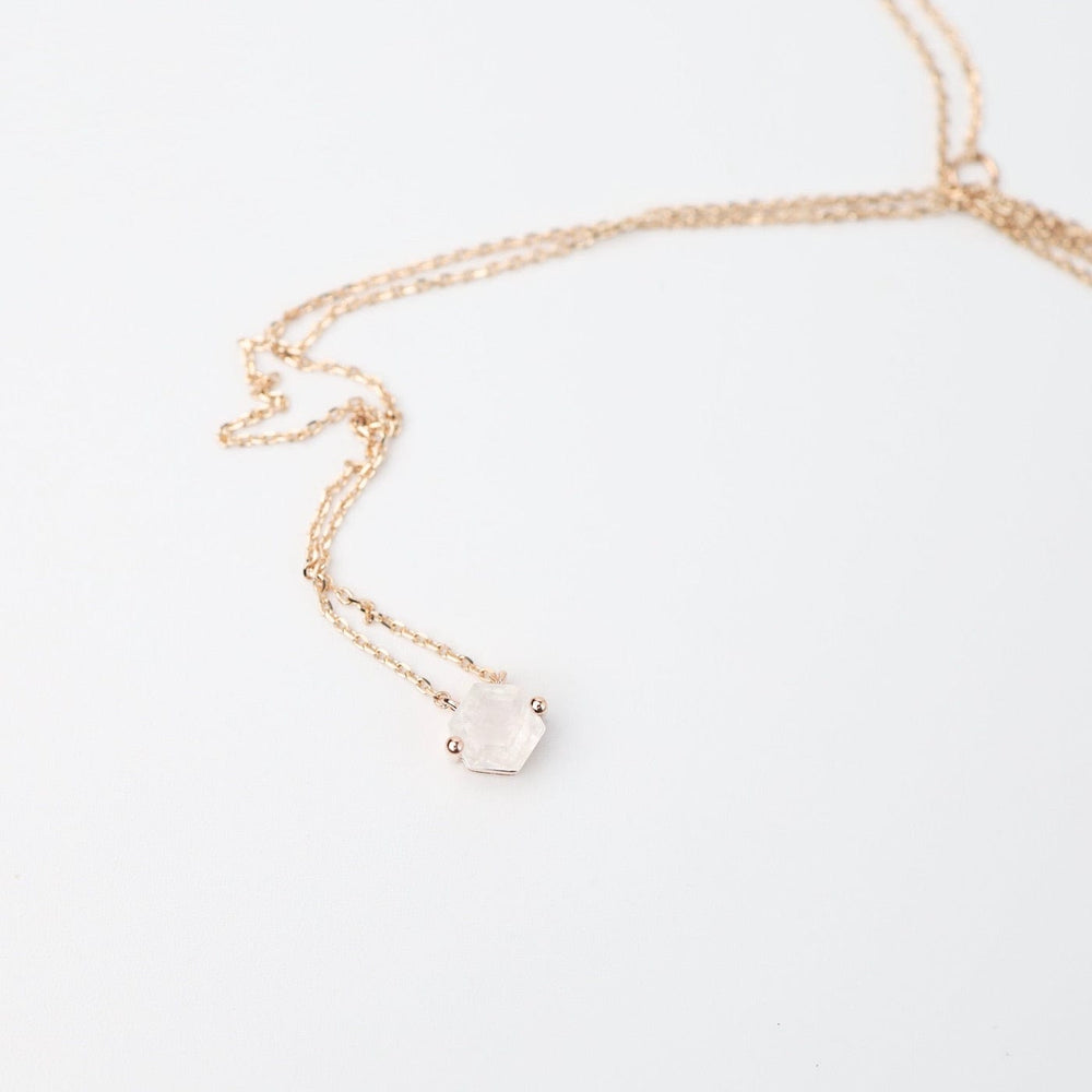 
                  
                    NKL-14K Rose Gold Hexagon Rainbow Moonstone Necklace
                  
                