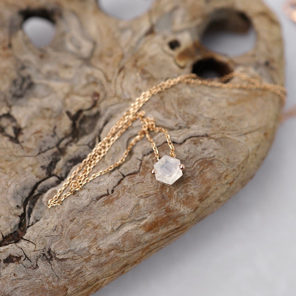 
                  
                    NKL-14K Rose Gold Hexagon Rainbow Moonstone Necklace
                  
                