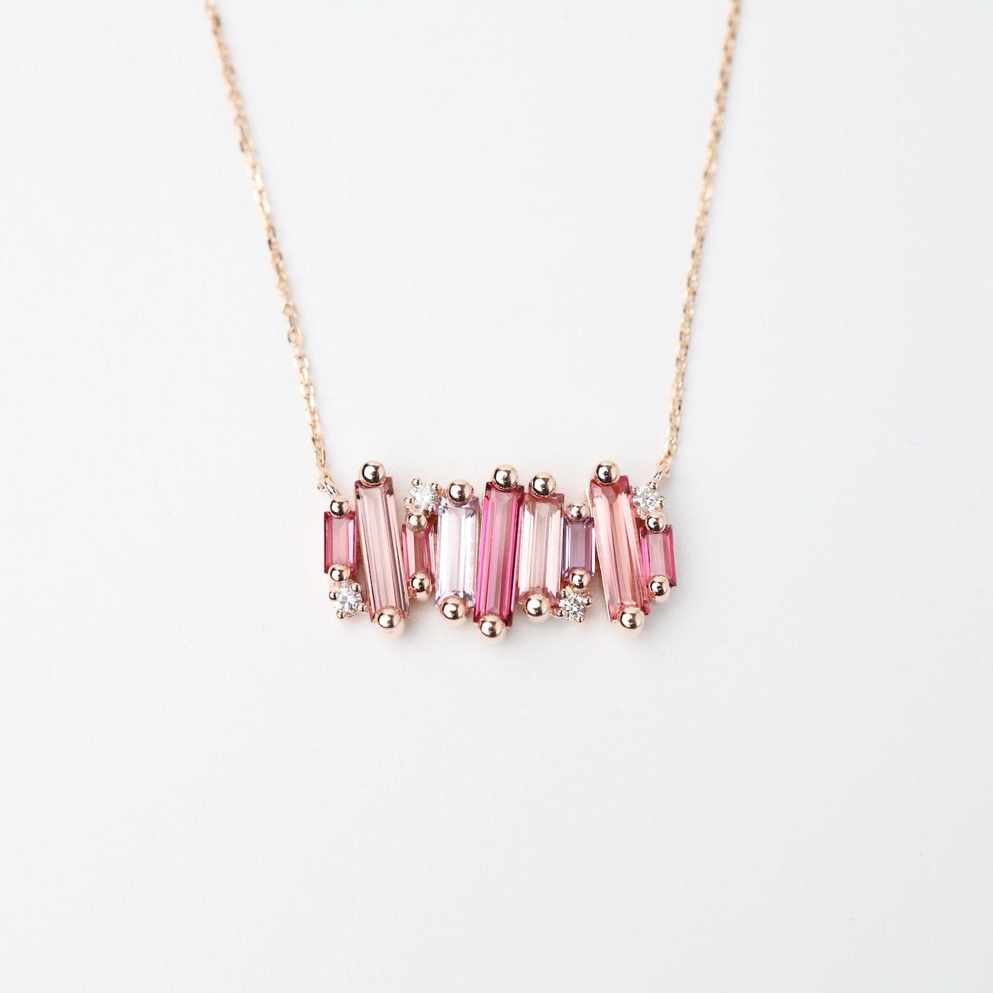 NKL-14K Rose Gold Mixed Pink Topaz Large Baguette Bar Necklace
