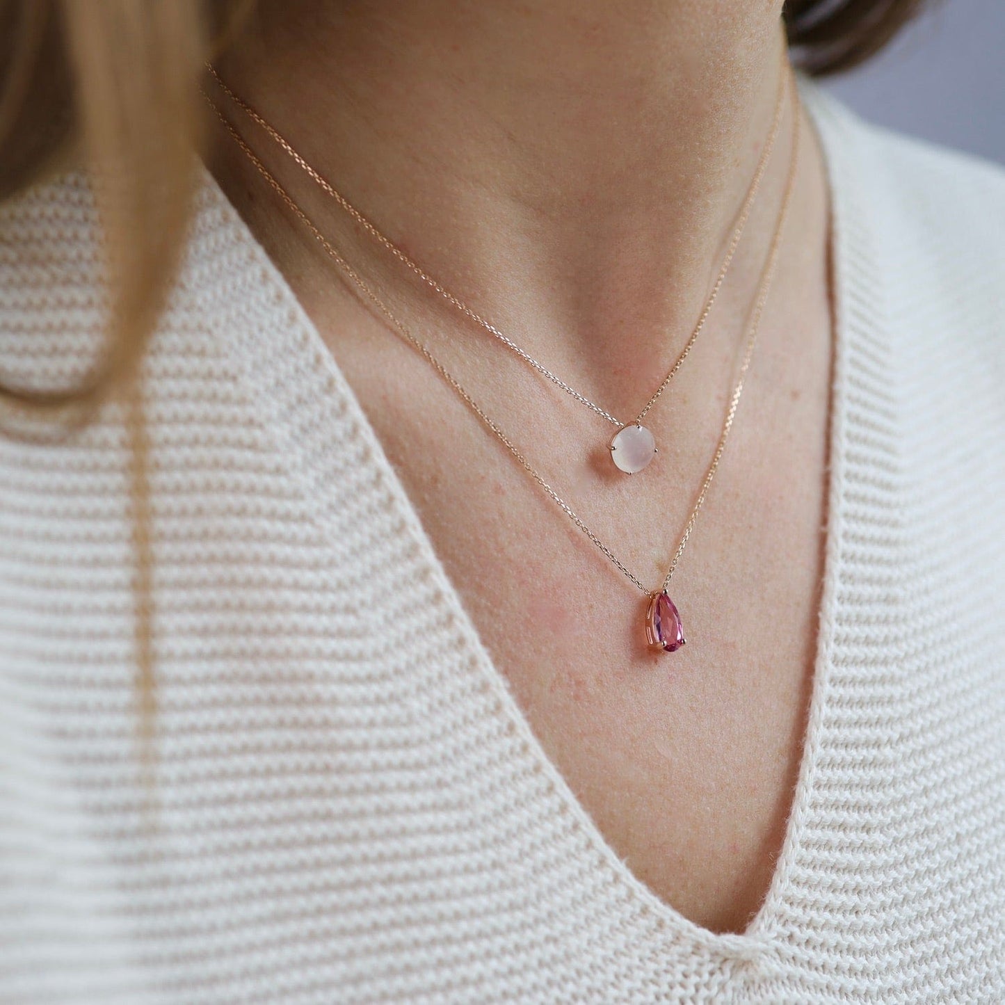 NKL-14K Rose Gold Pear Shaped Pink Topaz Necklace