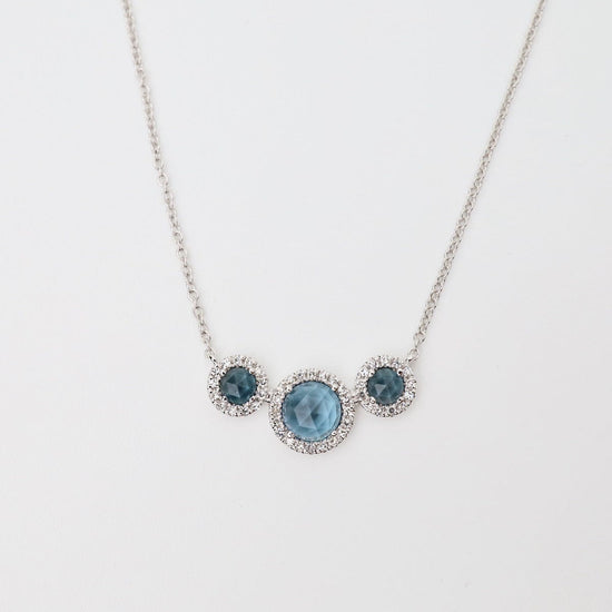 NKL-14K Rosie Bar of Rose Cut London Blue Topaz with White Diamond Halo Necklace