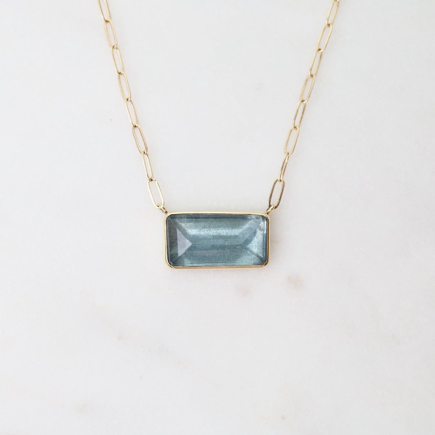 NKL-14K Sterling & 14K Gold Chain Necklace with Rectangular Inverted Moss Aquamarine