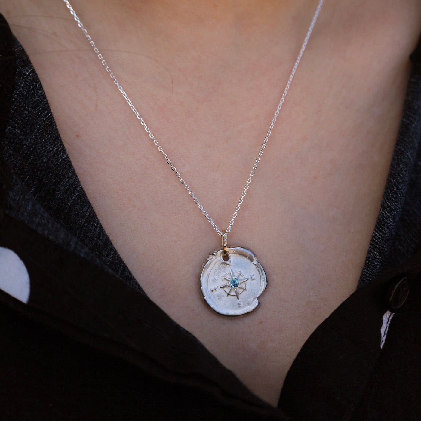NKL-14K Sterling Silver & 14k Gold Compass Necklace with Montana Sapphire