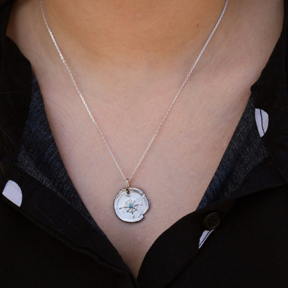 NKL-14K Sterling Silver & 14k Gold Compass Necklace with Montana Sapphire