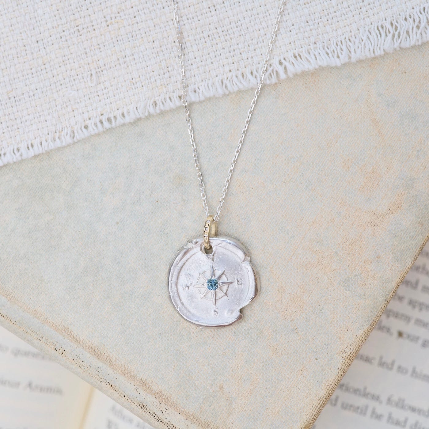 NKL-14K Sterling Silver & 14k Gold Compass Necklace with Montana Sapphire