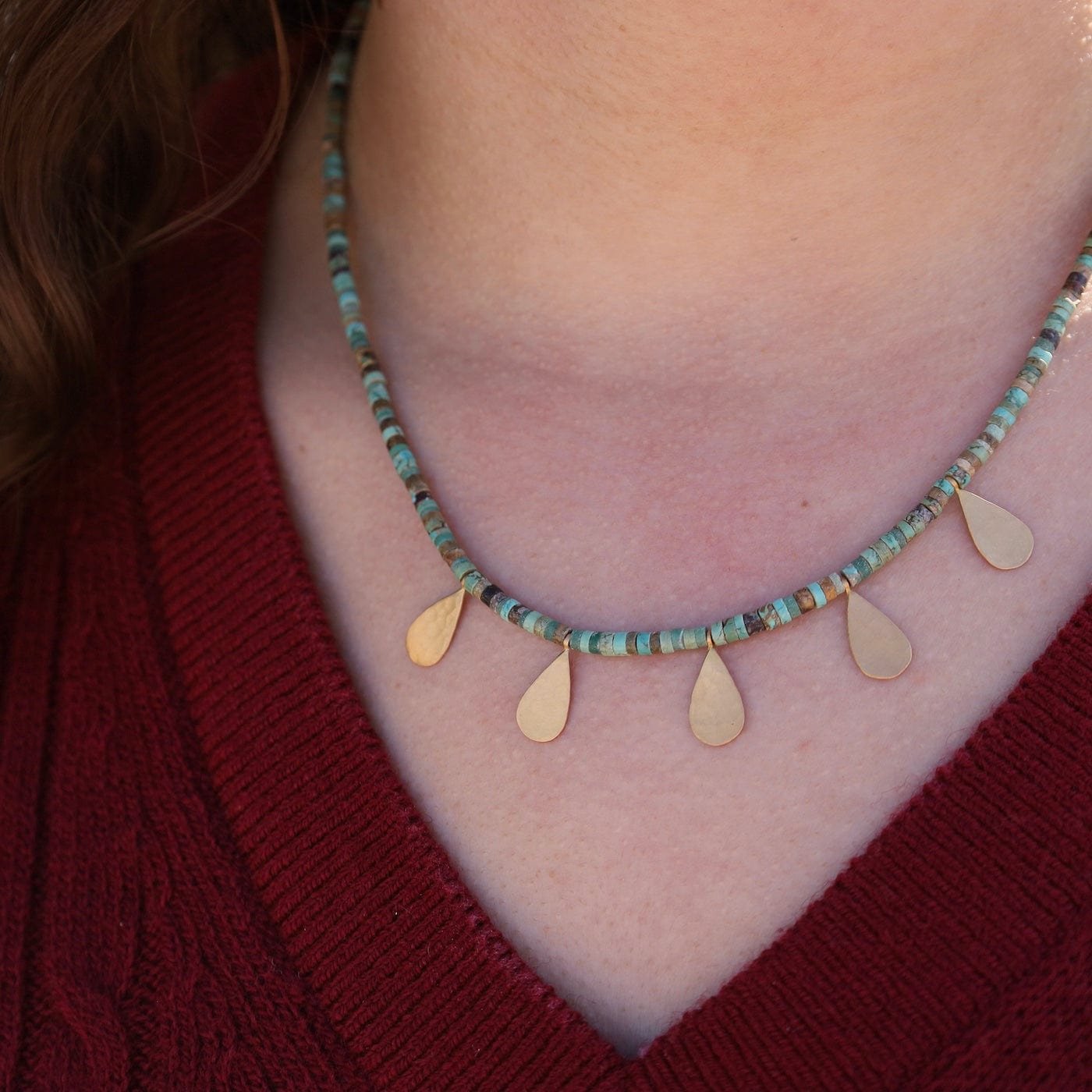 NKL-14K Turquoise with Hammered Gold Teardrops Necklace