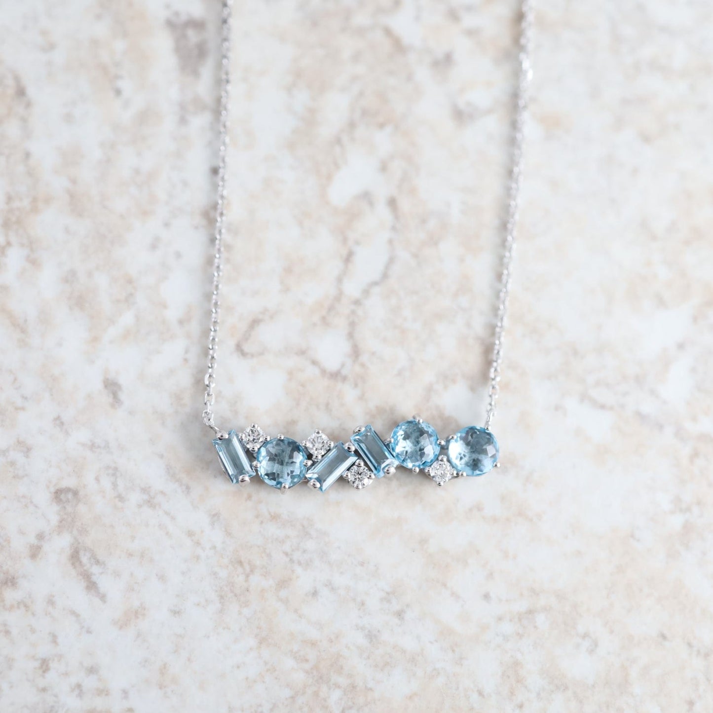 325 NKL-14K White Gold Swiss Blue Topaz Bar Necklace