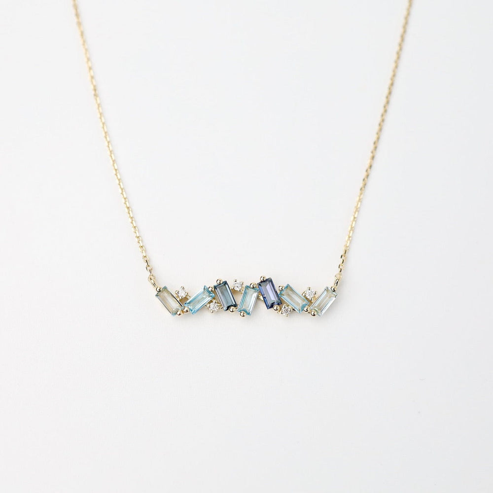 NKL-14K Yellow Gold Frenesia Mixed Blue Topaz Bar Necklace