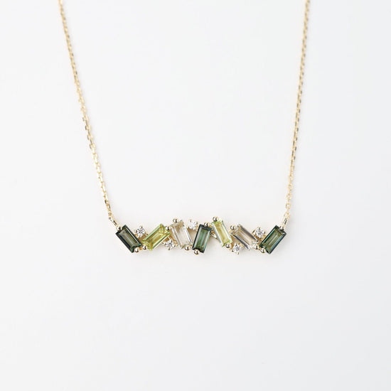 NKL-14K Yellow Gold Frenesia Mixed Green Topaz Bar Necklace