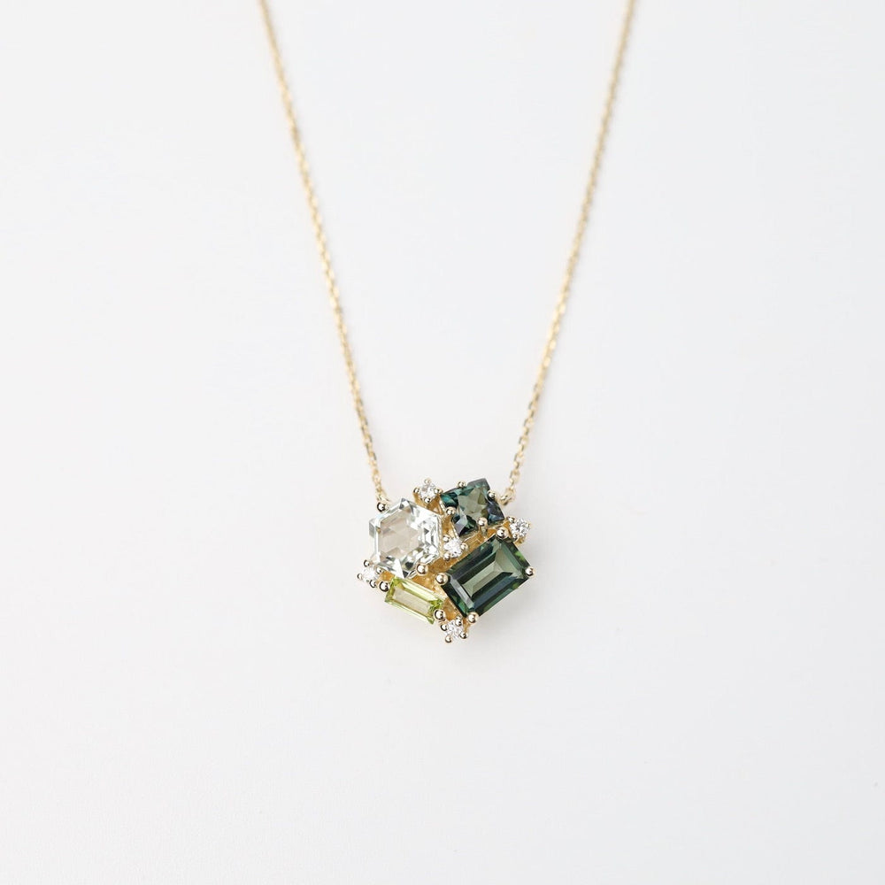 NKL-14K Yellow Gold Green Cluster Necklace