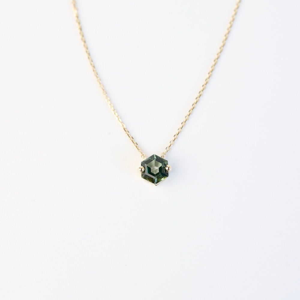 NKL-14K Yellow Gold Hexagon Green Envy Topaz Necklace