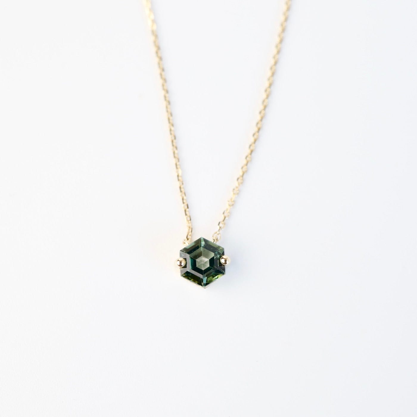 NKL-14K Yellow Gold Hexagon Green Envy Topaz Necklace