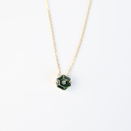NKL-14K Yellow Gold Hexagon Green Envy Topaz Necklace