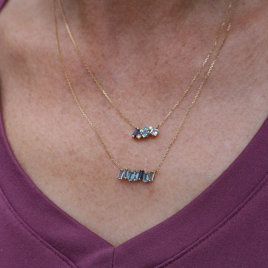 NKL-14K Yellow Gold Mixed Blue Baguette Bar Necklace
