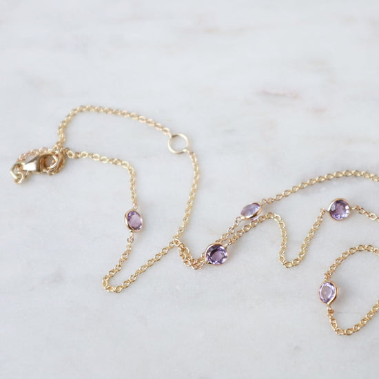 NKL-14K Yellow Gold & Pink Amethyst 8 Stone Station Necklace