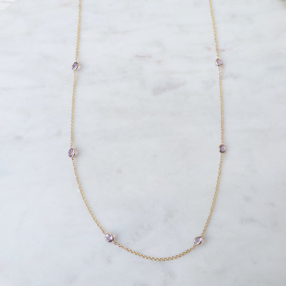 NKL-14K Yellow Gold & Pink Amethyst 8 Stone Station Necklace