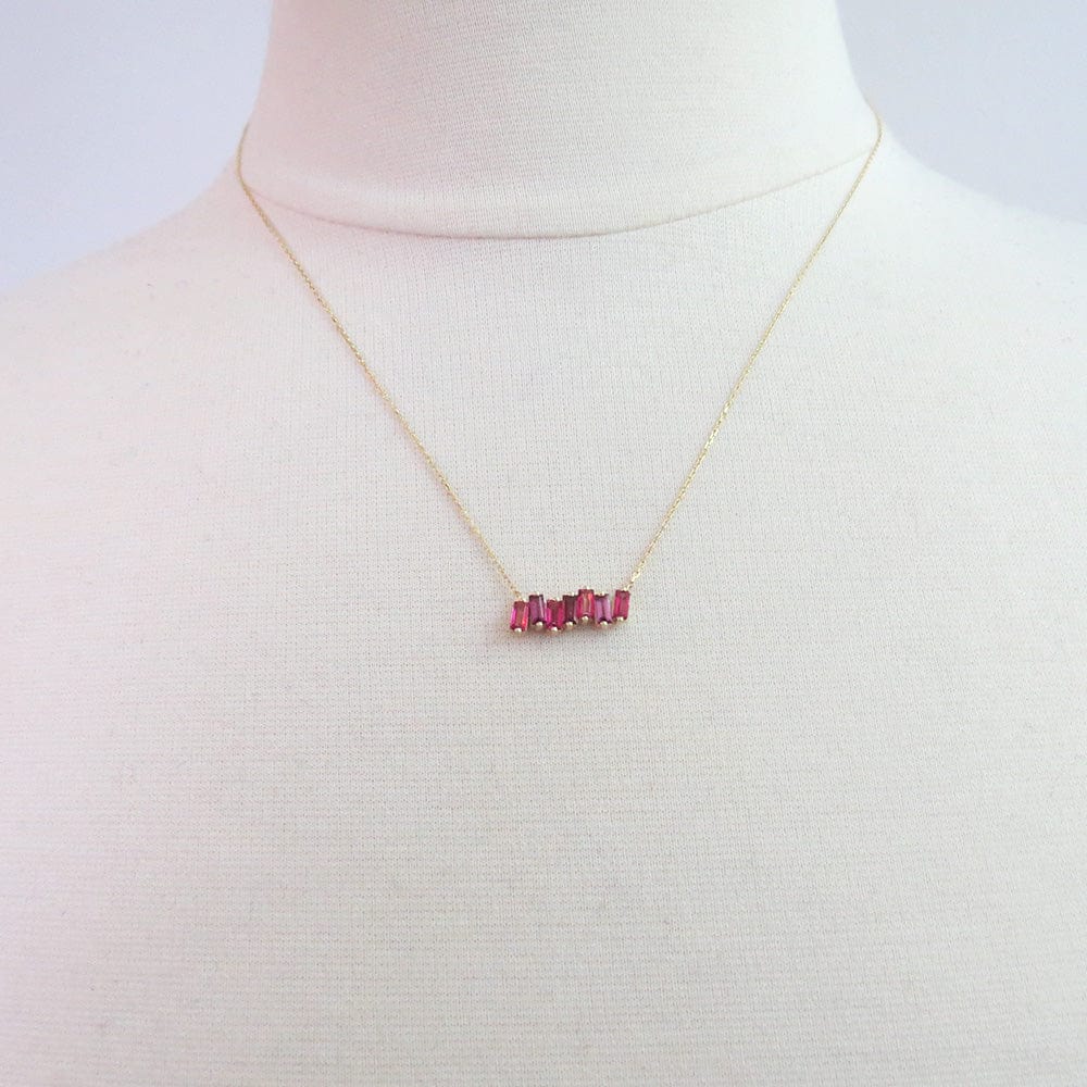 NKL-14K YELLOW GOLD PINK TOURMALINE AND RHODOLITE BAR