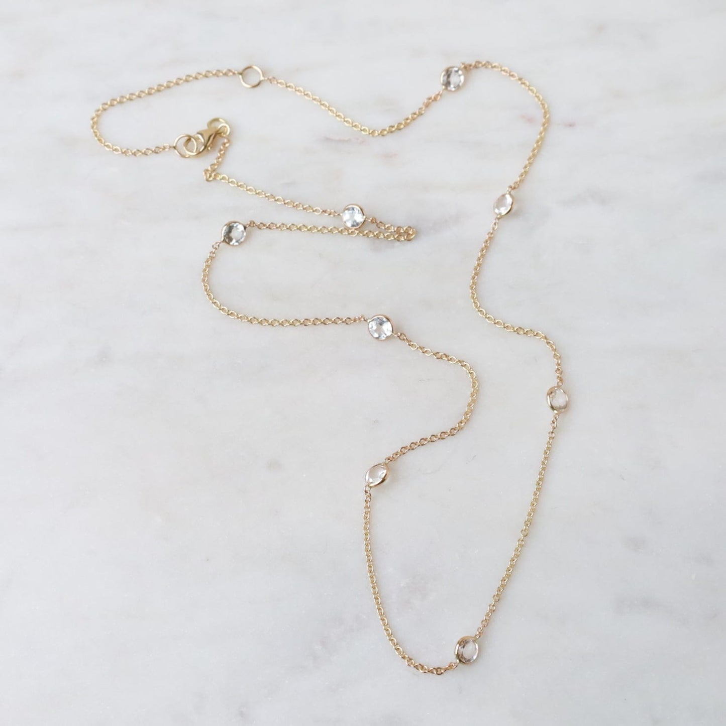 NKL-14K Yellow Gold & White Topaz 8 Stone Station Necklace