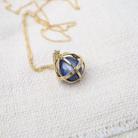 NKL-18K 18K  Large Cage Necklace with Gemstone Ball - Kyanite