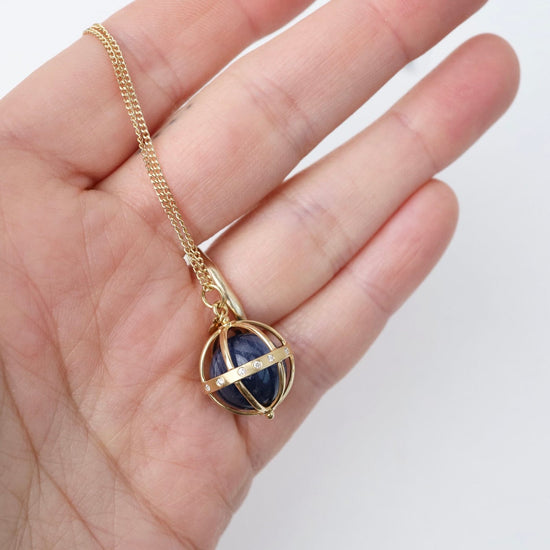 NKL-18K 18K  Large Cage Necklace with Gemstone Ball - Kyanite