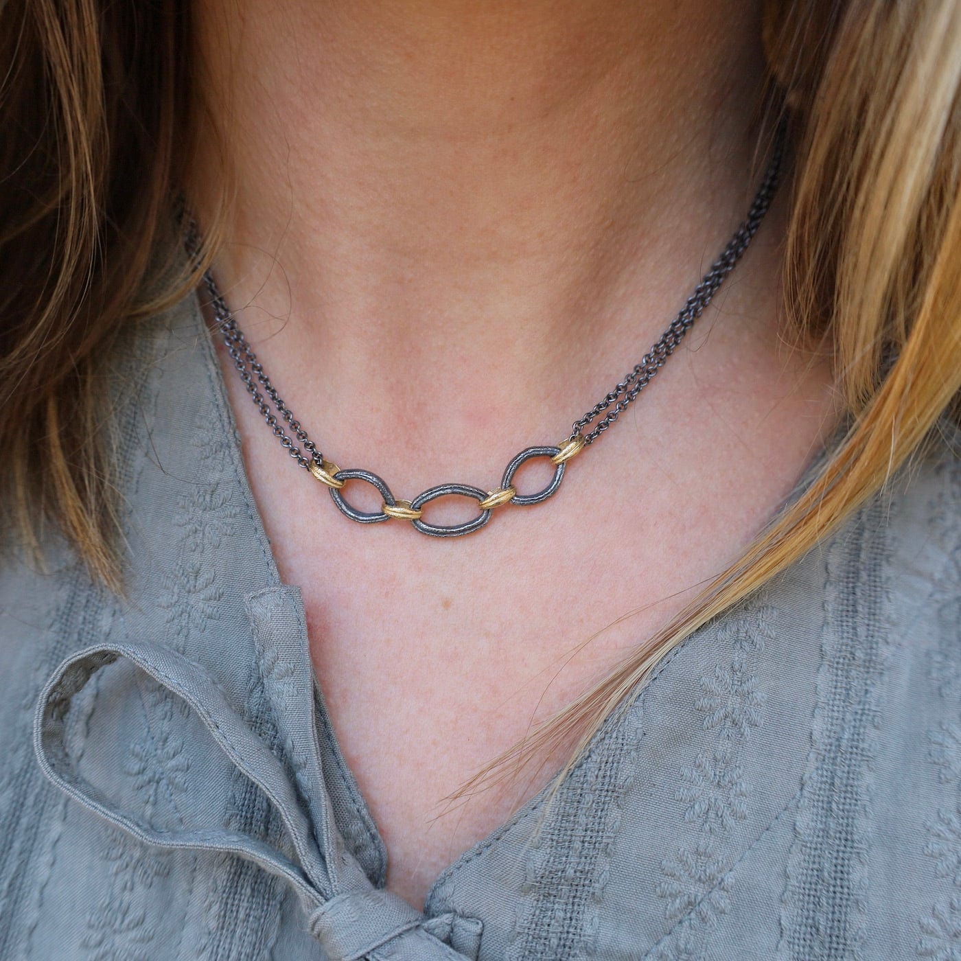 NKL-18K 18k & Oxidized Silver Organic Link Necklace