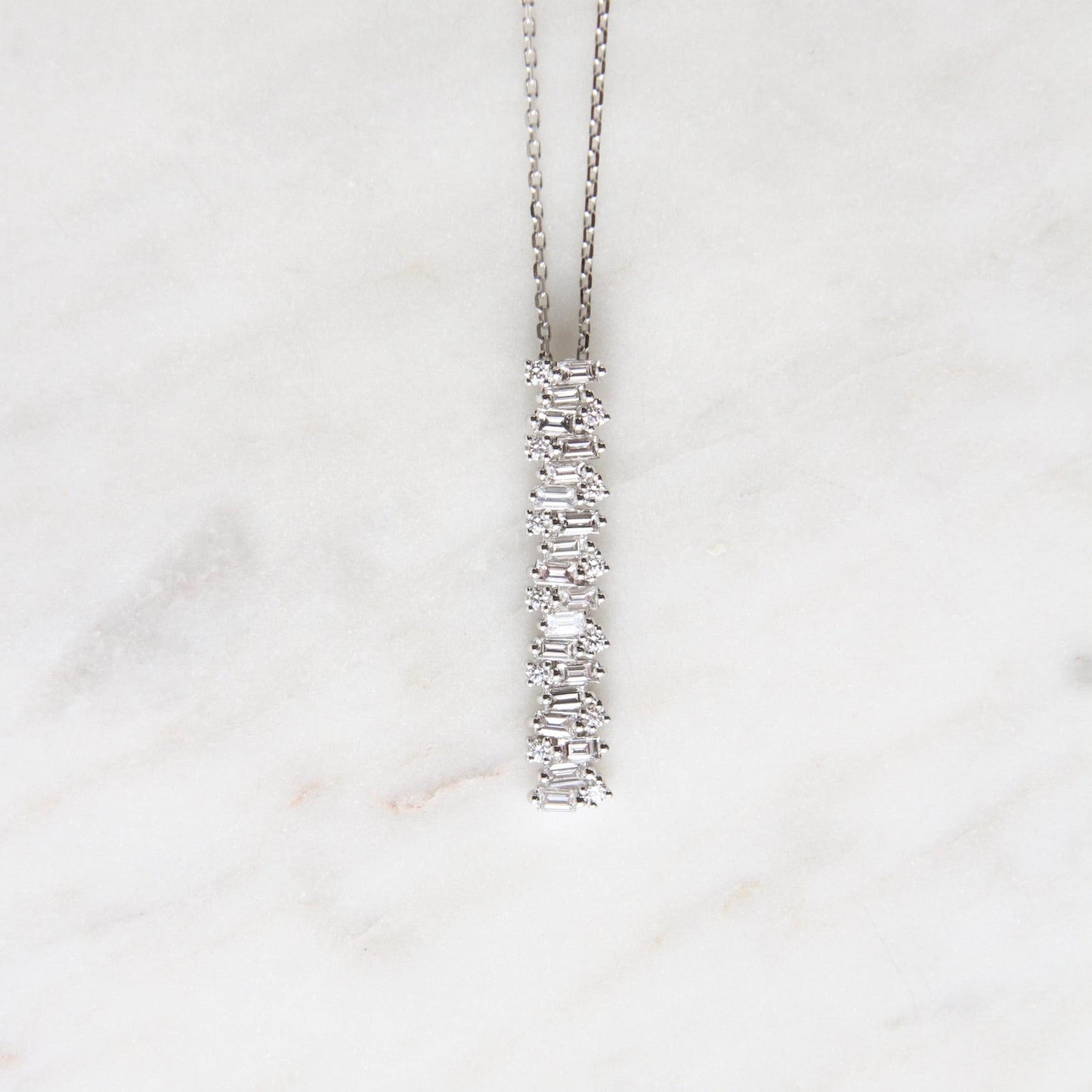 NKL-18K 18k White Gold Vertical Diamond Baguette Bar Necklace