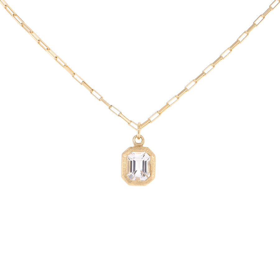 
                      
                        NKL-18K 'Boulder' Emerald Cut White Topaz Pendant on Elongated Box Chain
                      
                    