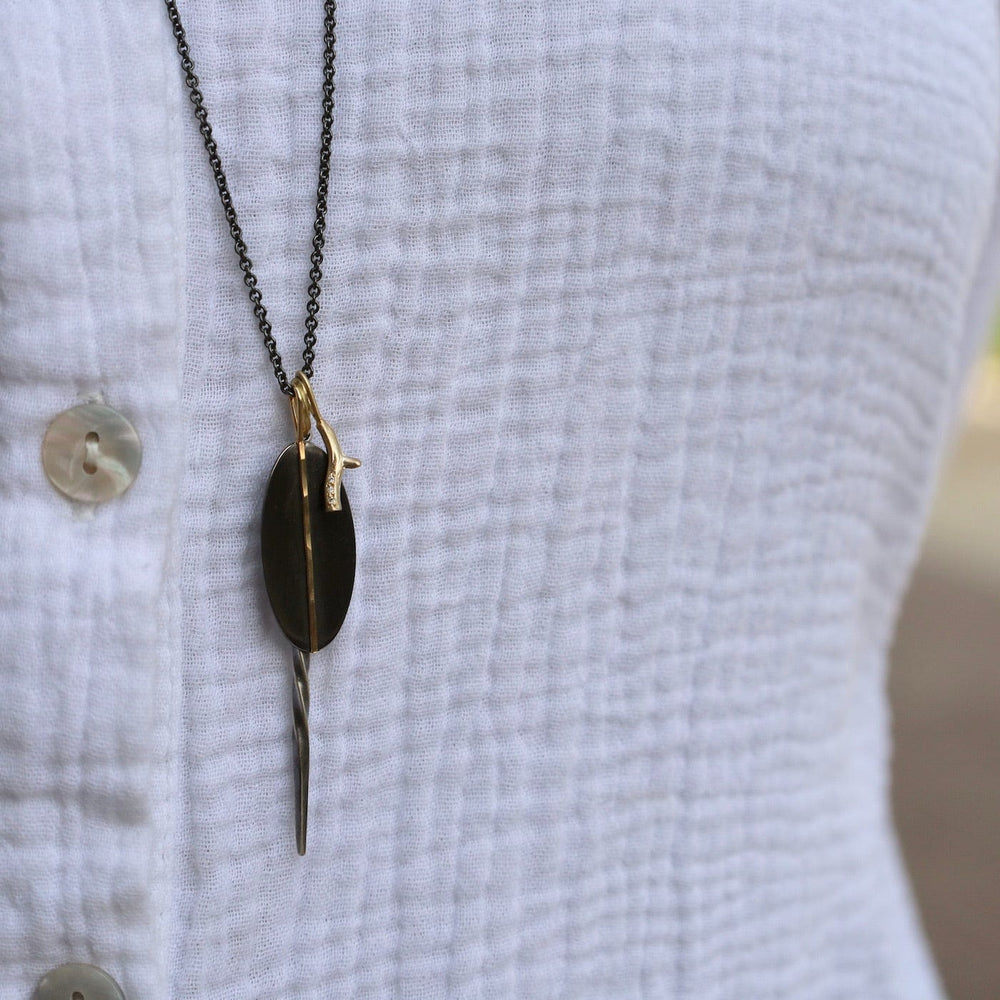 NKL-18K Cluster Necklace with Oxidized Silver Spire, Two-tone Narrow Mod Pendant & 14k Pave Branch