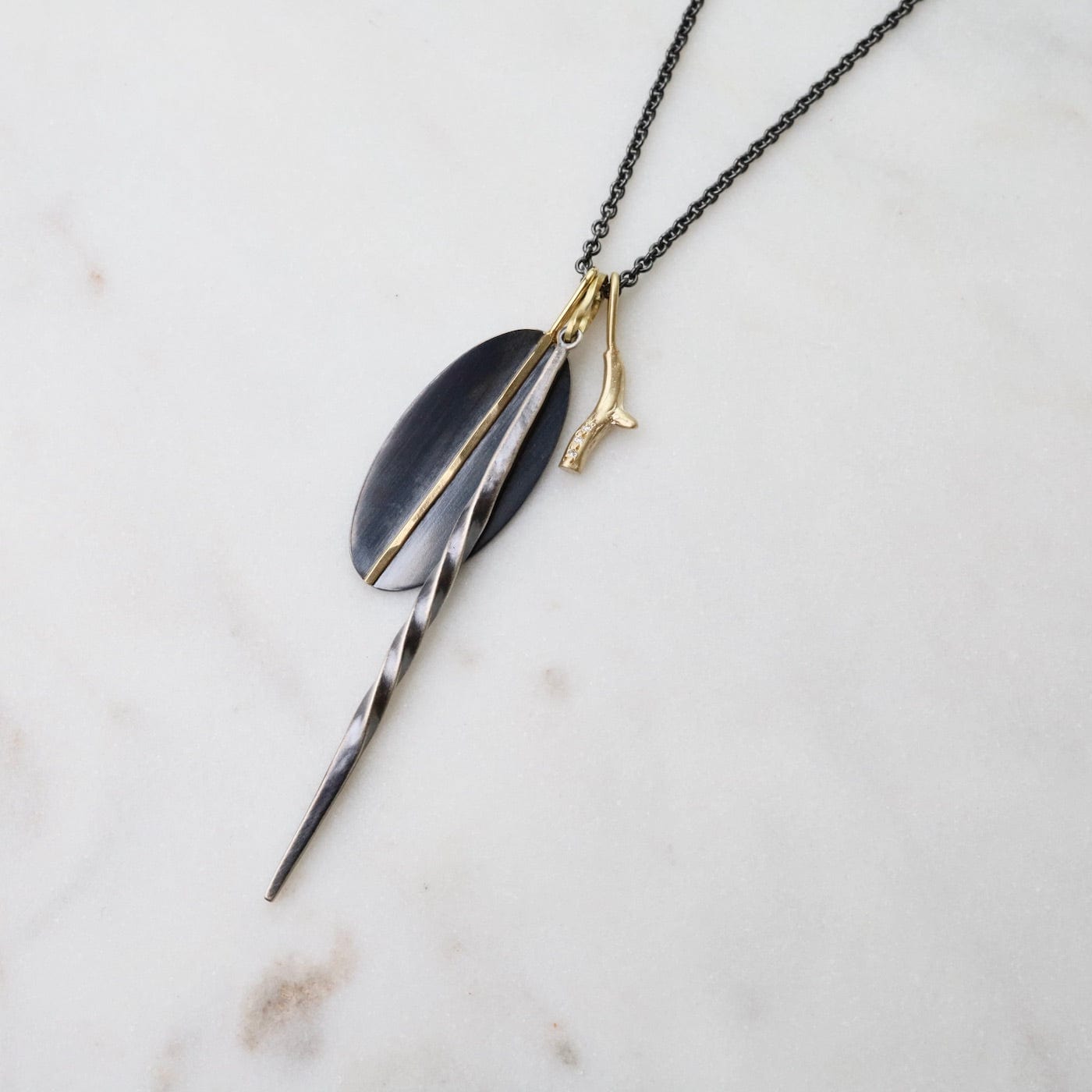 NKL-18K Cluster Necklace with Oxidized Silver Spire, Two-tone Narrow Mod Pendant & 14k Pave Branch